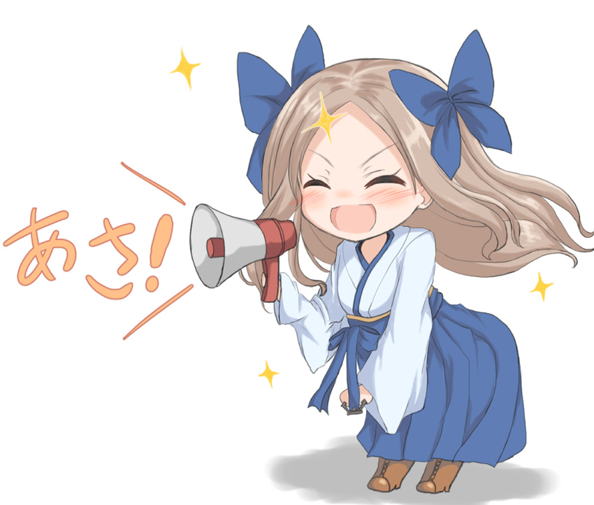1girl asakaze_(kantai_collection) bangs blue_bow blue_hakama boots bow brown_footwear closed_eyes cross-laced_footwear forehead hair_bow hakama japanese_clothes kantai_collection kasashi_(kasasi008) kimono lace-up_boots leaning_forward light_brown_hair long_hair megaphone meiji_schoolgirl_uniform parted_bangs sidelocks simple_background solo sparkle standing wavy_hair white_background white_kimono
