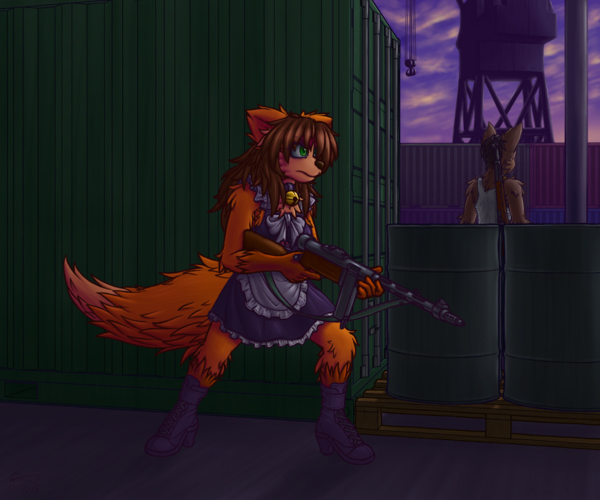 2015 adele_(bluecactus) ambiguous_gender anthro barrel bell bell_collar black_collar bluecactus boots brown_hair canid canine clothed clothing collar duo female footwear fox green_eyes gun hair holding_gun holding_object holding_weapon maid_uniform mammal oil_drum outside ranged_weapon shirt sky sneaking standing topwear uniform weapon white_clothing white_shirt white_tank_top white_topwear