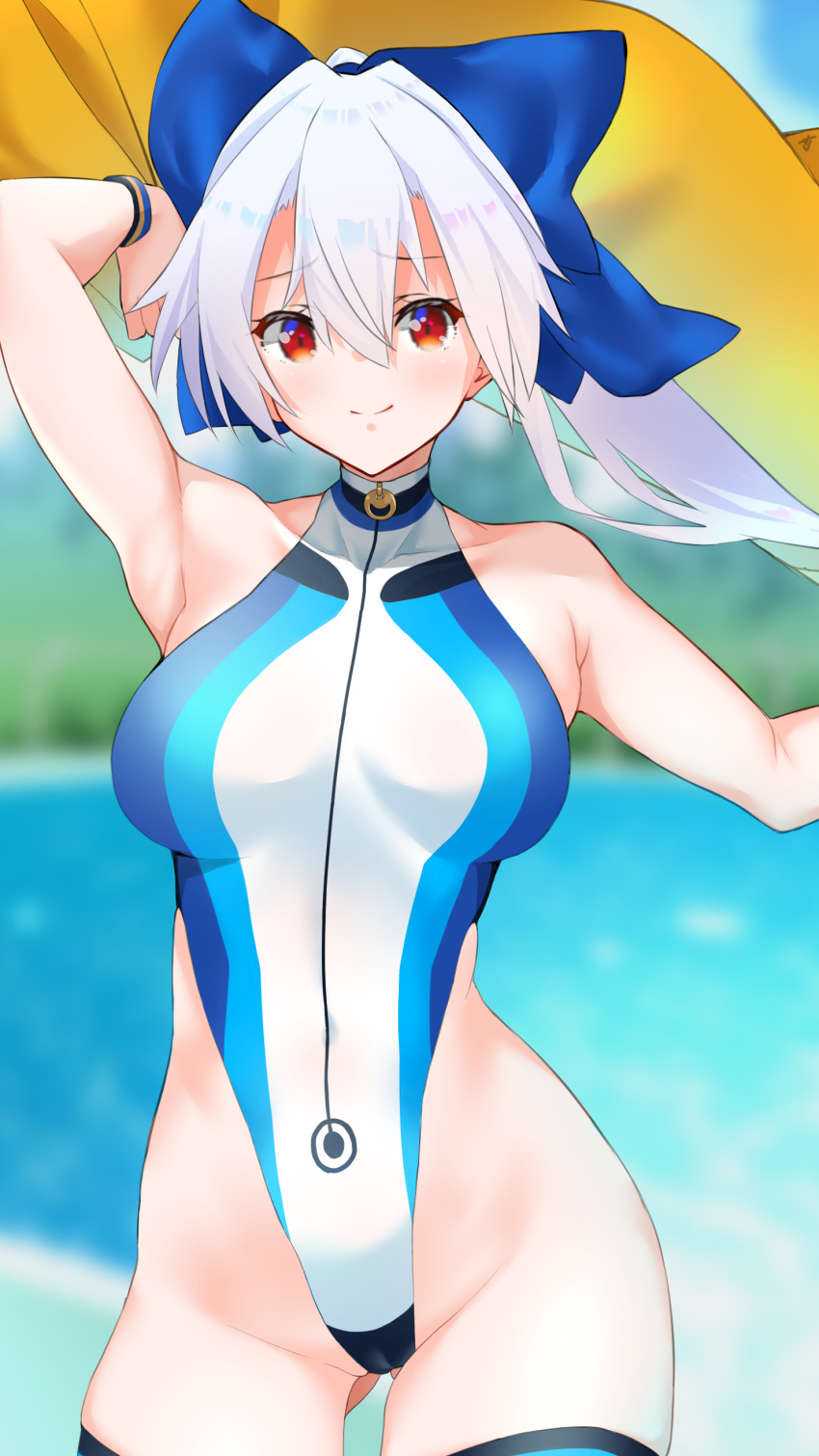 1girl absurdres adapted_costume arms_up beach blue_bow blue_sky blurry bow c@rbon cloud competition_swimsuit contrapposto cowboy_shot day depth_of_field fate/grand_order fate_(series) front_zipper_swimsuit hair_bow highleg highleg_swimsuit highres long_hair looking_at_viewer meme_attire ocean one-piece_swimsuit outdoors ponytail red_eyes sky solo standing swimsuit thighhighs tomoe_gozen_(swimsuit_saber)_(fate) turtleneck white_hair yellow_towel