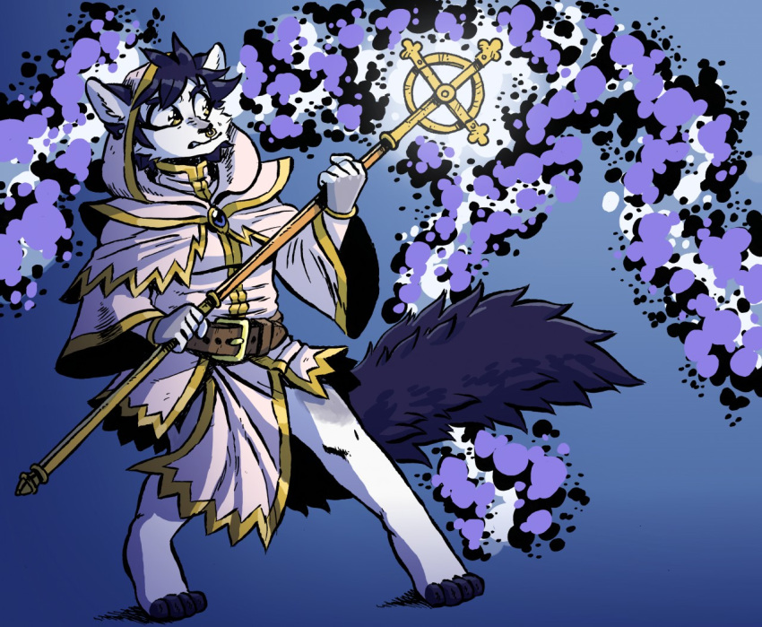 2018 anthro barefoot belt blue_hair cleric clothing cross domestic_cat facial_piercing felid feline felis fur gradient_background gutter-bunny hair holding_object holding_weapon magic magic_user male mammal nose_piercing nose_ring piercing robe simple_background snarling solo staff standing weapon white_body white_clothing white_fur yellow_eyes
