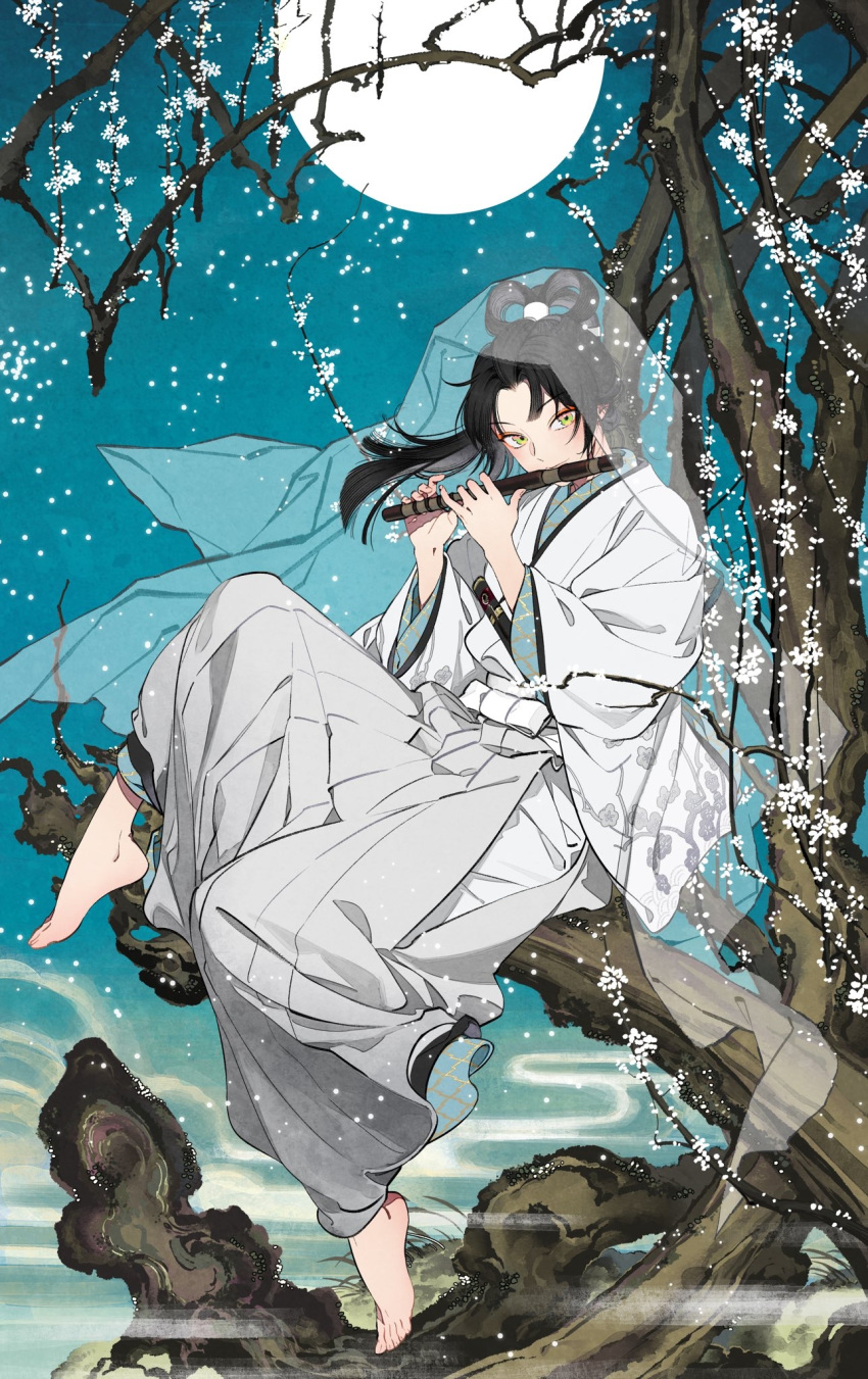 1boy bangs barefoot bishounen black_hair blush commentary_request floating_clothes floating_hair highres holding holding_instrument instrument kazari_tayu leg_up long_hair long_sleeves male_focus moon music original outdoors playing_instrument sitting solo toes tree_branch veil wide_sleeves yellow_eyes