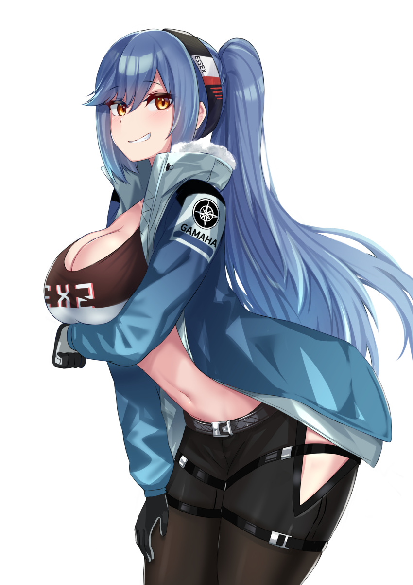 1girl absurdres azur_lane black_pants blue_hair breast_hold breasts character_name cleavage commission cowboy_shot crop_top essex_(a_trip_down_route_66)_(azur_lane) essex_(azur_lane) from_side gloves gradient_jacket grin hair_between_eyes high_ponytail highres hip_vent jacket kanta_(kanta_077) large_breasts looking_at_viewer multicolored multicolored_clothes multicolored_gloves multicolored_jacket navel open_clothes open_jacket orange_eyes pants ponytail smile stomach white_background