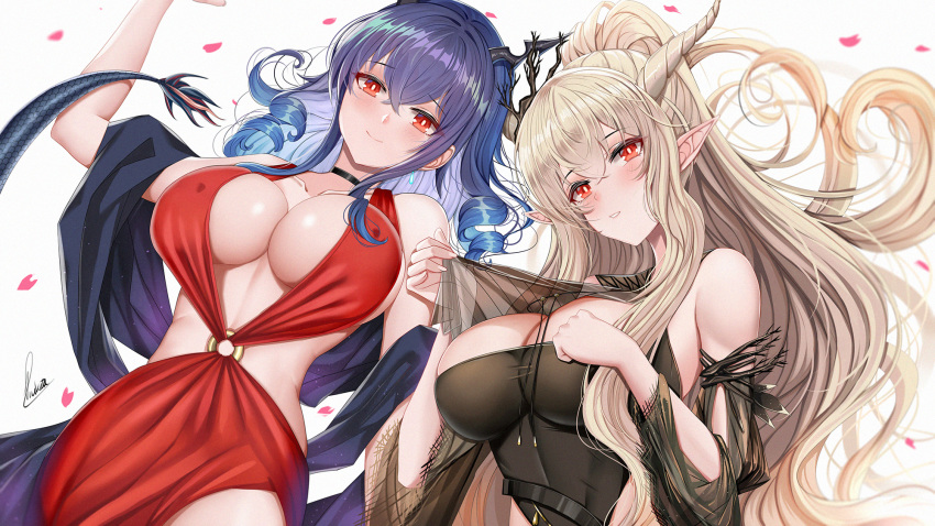 16:9 2020 5_fingers animal_humanoid arknights blonde_hair blue_hair blush breasts chen_(arknights) dragon dragon_humanoid duo female fingers hair hi_res horn horned_humanoid humanoid humanoid_pointy_ears looking_at_viewer nipple_outline piukute062 red_eyes shining_(arknights) simple_background smile widescreen