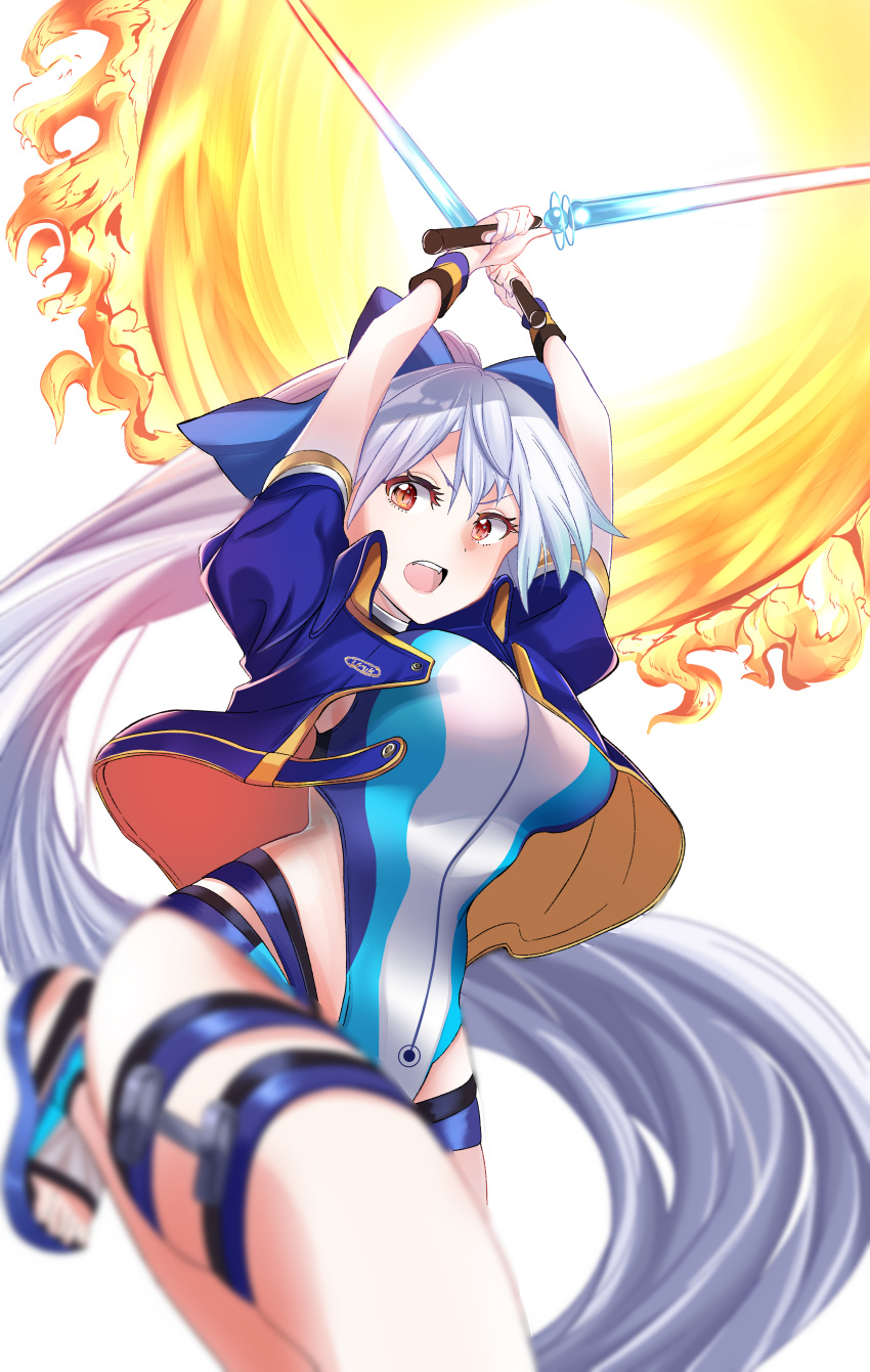 1girl :o absurdly_long_hair absurdres arima_(step_speed) blue_footwear blue_jacket blue_swimsuit breasts commentary_request competition_swimsuit cropped_jacket dual_wielding energy_sword fate/grand_order fate_(series) fireball from_below hair_ornament highres holding holding_sword holding_weapon jacket large_breasts long_hair looking_at_viewer multicolored multicolored_clothes multicolored_swimsuit one-piece_swimsuit open_clothes open_jacket red_eyes sandals short_sleeves silver_hair solo swimsuit sword thigh_strap tomoe_gozen_(fate/grand_order) tomoe_gozen_(swimsuit_saber)_(fate) very_long_hair weapon white_background white_swimsuit wristband