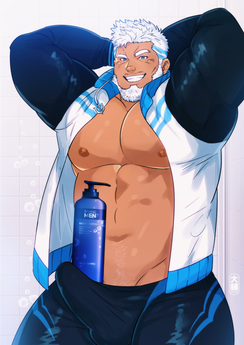 1boy abs absurdres aegir_(tokyo_houkago_summoners) alternate_costume arms_behind_head bara beard blue_eyes blush bulge chest daisukebear erection erection_under_clothes facial_hair highres male_focus manly muscle nipples object_on_bulge pectorals shampoo shampoo_bottle shampoo_challenge short_hair solo thick_eyebrows thick_thighs thighs tokyo_houkago_summoners toned toned_male underwear upper_body