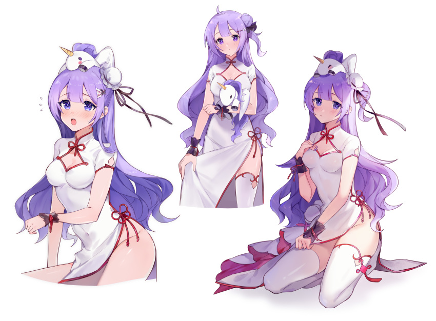 1girl absurdres azur_lane bangs blush breast_suppress breasts bun_cover china_dress chinese_clothes cleavage_cutout covered_navel cropped_legs dress eyebrows_visible_through_hair hair_bun hair_ornament hair_ribbon hairclip highres kneeling long_hair looking_at_viewer multiple_views nail_polish no_panties one_side_up open_mouth pelvic_curtain purple_eyes purple_hair purple_nails ribbon short_sleeves side_bun simple_background skirt_hold stuffed_animal stuffed_toy stuffed_unicorn thighhighs two-sided_fabric unicorn_(azur_lane) unicorn_(spring's_present)_(azur_lane) very_long_hair white_background white_dress white_legwear wrist_cuffs yayako_(804907150)