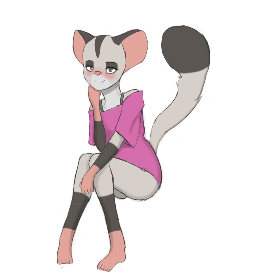 anthro big_tail blush bottomless clothed clothing fur girly gregg hi_res knock-kneed lemur long_tail looking_at_viewer male mammal marsupial multicolored_body multicolored_fur parsnip_(game) petaurid phalangeriform primate shirt shoulderless_shirt simple_background sitting smile solo strepsirrhine sugar_glider the_testimony_of_trixie_glimmer_smith topwear white_background