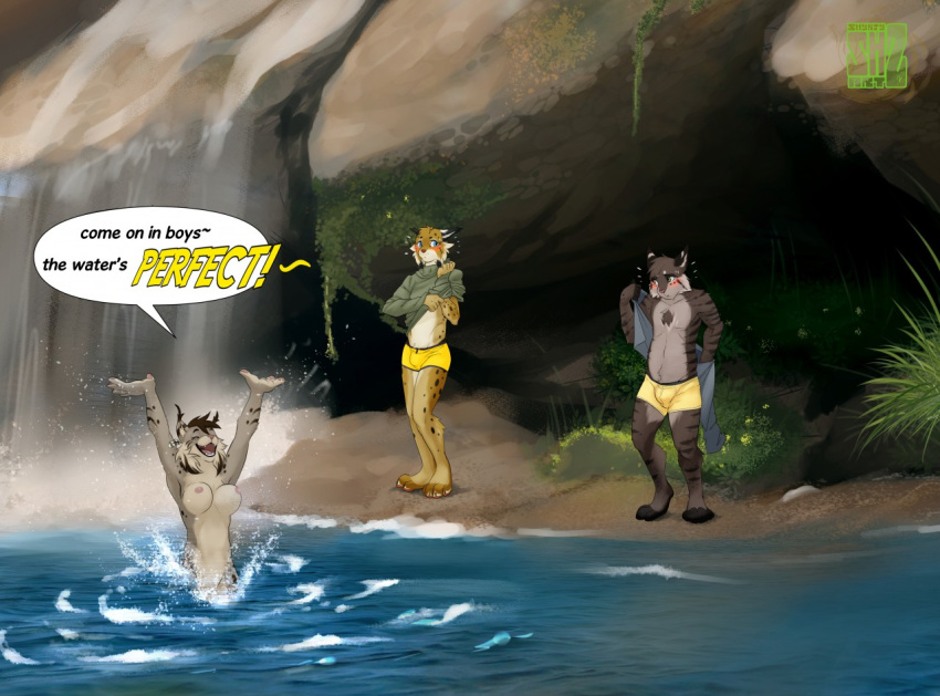 anthro bobcat bottomless breasts canadian_lynx clothed clothing dialogue felid feline female group lake lynx male male/female mammal nicole_(nicnak044) nipples nude quill_(nicnak044) shynjy skinny_dipping speech_bubble swimming topless topless_female undressing waterfall