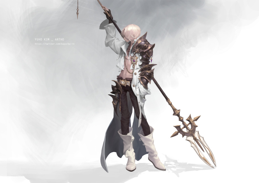 1boy arm_up armor bare_chest belt blonde_hair brown_gloves chain coat fingerless_gloves gloves hand_in_pocket holding holding_polearm holding_spear holding_weapon jewelry male_focus navel necklace original over_shoulder pants pauldrons polearm shoulder_armor single_glove single_pauldron solo spear standing vambraces weapon weapon_over_shoulder white_belt white_coat white_footwear yuho_kim