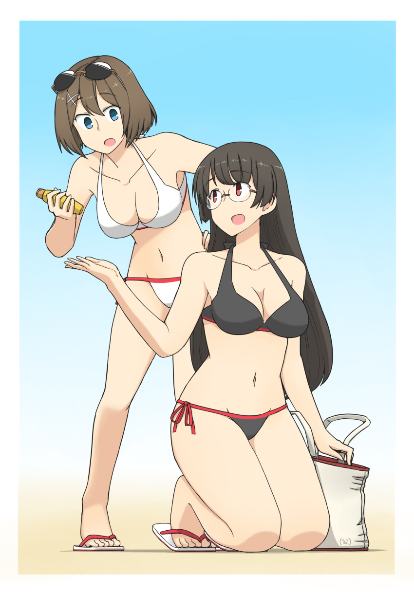 2girls bangs bikini black_bikini black_hair blue_background blue_eyes breasts brown_hair choukai_(kantai_collection) eyebrows_visible_through_hair eyewear_on_head full_body glasses hair_ornament hairclip hamu_koutarou hand_on_hip highres kantai_collection long_hair lotion maya_(kantai_collection) medium_breasts midriff multiple_girls navel red_eyes rimless_eyewear sandals short_hair sunglasses sunscreen swimsuit white_bikini x_hair_ornament