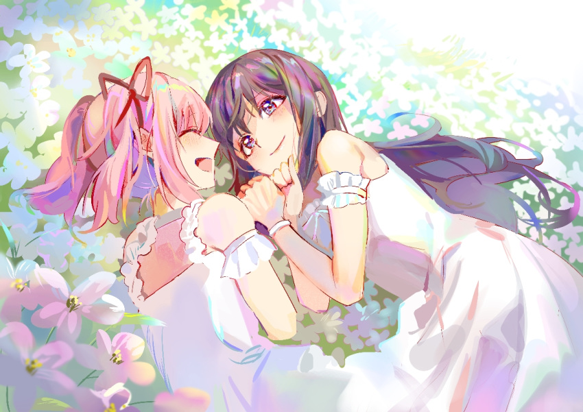 2girls :d ^_^ akemi_homura armband armpit_crease bare_arms bare_shoulders black_hair blush clenched_hands closed_eyes closed_mouth dress eyebrows_visible_through_hair facing_away facing_viewer field flat_chest flower flower_field frilled_armband frills furrowed_eyebrows grass hair_ribbon hand_rest happy kaname_madoka laughing lips long_hair looking_at_another luminous_(madoka_magica) mahou_shoujo_madoka_magica mahou_shoujo_madoka_magica_movie multicolored_hair multiple_girls nature open_mouth outdoors pink_hair profile purple_eyes red_ribbon ribbon seveneightdu short_twintails sleeveless sleeveless_dress smile tareme twintails white_dress white_flower