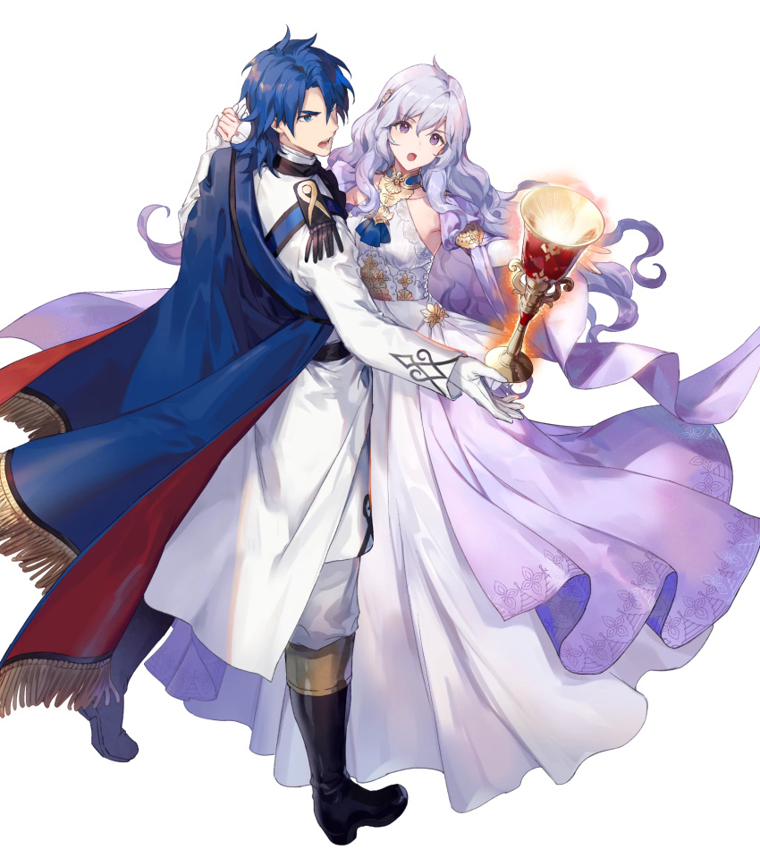 1boy 1girl azutarou bangs black_footwear blue_eyes blue_hair boots cape chalice closed_mouth deirdre_(fire_emblem) dress fire_emblem fire_emblem:_genealogy_of_the_holy_war fire_emblem_heroes floating floating_object full_body gloves glowing highres holding_hand knee_boots lavender_hair long_dress long_hair long_sleeves looking_away official_art pants purple_eyes shiny shiny_hair short_hair sigurd_(fire_emblem) transparent_background white_dress white_gloves