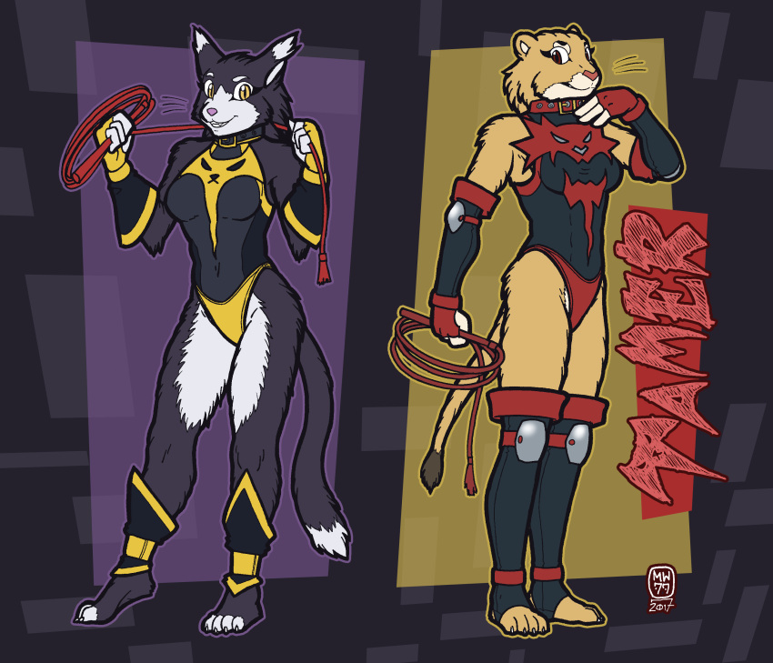 absurd_res anthro black_body black_clothing black_fur black_tail clothed clothing dipstick_tail domestic_cat felid feline felis female fur hi_res holding_object holding_whip leotard looking_at_viewer mammal megawolf77 multicolored_body multicolored_ears multicolored_fur multicolored_tail red_clothing toeless_(marking) two_tone_body two_tone_ears two_tone_fur two_tone_tail whip white_body white_fur white_tail yellow_clothing