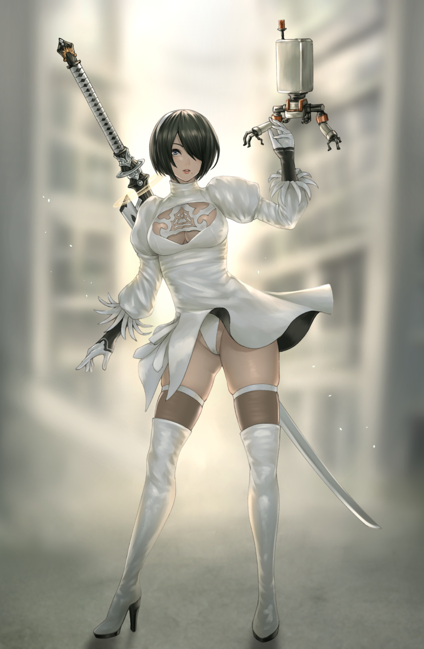 1girl alternate_color bangs black_hair blurry blurry_background boots breasts cleavage cleavage_cutout commentary_request dark_skin dress feather_trim full_body gloves hair_over_one_eye hairband highres lips long_sleeves medium_breasts mole mole_under_mouth nier_(series) nier_automata nyatokanyaru pod_(nier_automata) puffy_sleeves robot shiny shiny_hair short_dress short_hair simple_background sword thighs turtleneck underwear weapon weapon_on_back white_dress white_footwear yorha_no._2_type_p