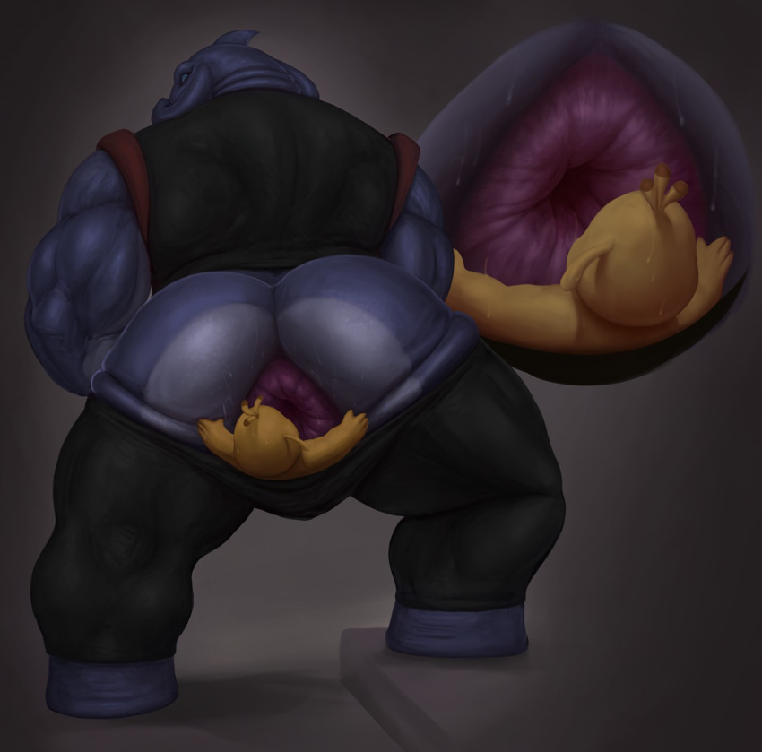 2020 alien antennae_(anatomy) anthro anus bodily_fluids butt clothing dagapuff dipstick_antennae disney duo experiment_(lilo_and_stitch) fingers fur gantu grey_body hi_res larger_male lilo_and_stitch male male/male multicolored_antennae muscular muscular_male reuben_(lilo_and_stitch) size_difference smaller_male standing sweat sweaty_anus yellow_body yellow_fur