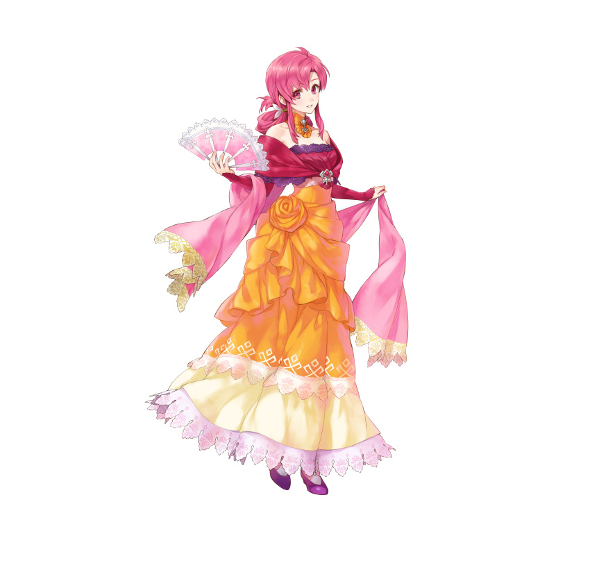 1girl absurdres bangs bare_shoulders commentary_request detached_collar dress ethlyn_(fire_emblem) fan fingernails fire_emblem fire_emblem:_genealogy_of_the_holy_war fire_emblem_heroes full_body highres holding holding_fan kaya8 long_dress long_hair looking_at_viewer official_art parted_lips pink_eyes pink_hair purple_footwear shiny shiny_hair sidelocks smile solo standing strapless strapless_dress tied_hair white_background white_legwear