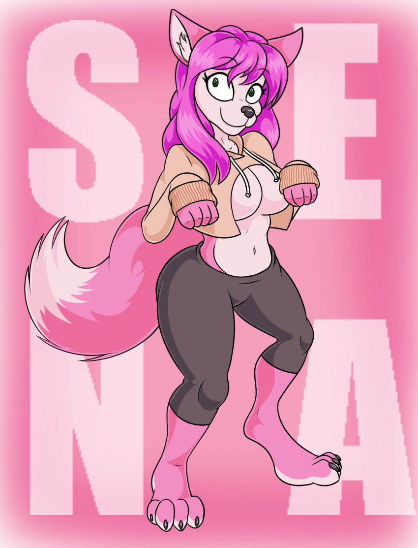 anthro canid canine clothed clothing female fox green_eyes hair hi_res mammal pink_body pink_hair sena_(kodanis) simple_background solo standing text tinydevilhorns
