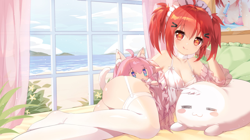 1girl :q ahoge animal_ear_fluff animal_ears ass bangs bare_arms beach bed bed_sheet bedroom bikini blue_eyes blue_sky blush blush_stickers breasts cat_ears cat_tail choker cleavage closed_mouth cloud collarbone commentary day dress eyebrows_visible_through_hair eyelashes food frilled_dress frilled_pillow frills garter_straps hair_between_eyes hair_ornament hairclip halter_top halterneck hand_on_own_cheek head_rest heart heart_eyes highres horizon indoors looking_at_viewer lying maid_headdress medium_breasts mvv ocean on_bed on_side open_mouth orange_eyes original painting_(object) picture_(object) picture_frame pillow pink_bikini pink_hair popsicle red_hair shiny shiny_skin short_dress short_hair short_sleeves short_twintails sky sleeveless sleeveless_dress smile solo star-shaped_pupils star_(symbol) swimsuit symbol-shaped_pupils tail thighhighs thighs tongue tongue_out twintails vivian_(mvv) water white_choker white_dress white_legwear