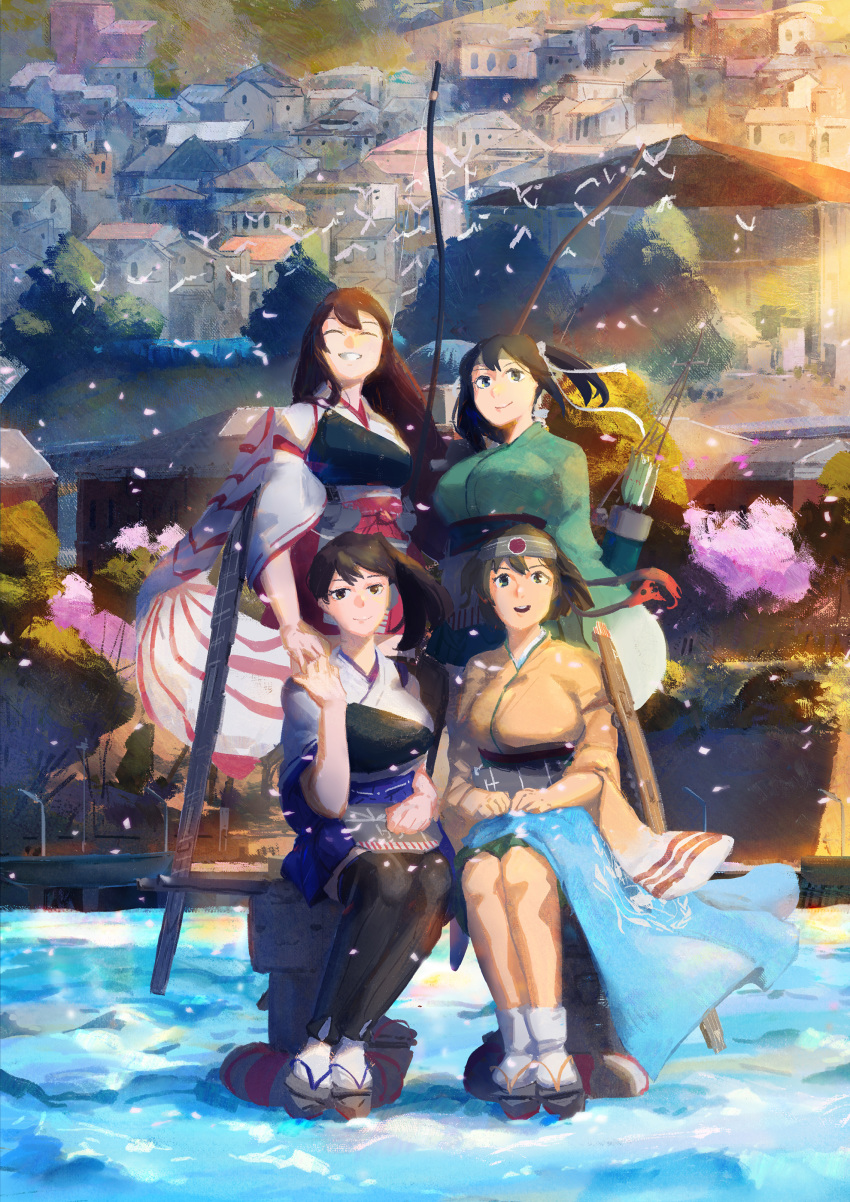4girls :d absurdres akagi_(kantai_collection) archery arrow_(projectile) black_legwear blue_hair bow_(weapon) breasts brown_eyes brown_hair closed_eyes english_commentary flight_deck full_body geta hachimaki hair_ribbon headband highres hiryuu_(kantai_collection) kaga_(kantai_collection) kantai_collection kyuudou large_breasts long_hair looking_at_viewer multiple_girls muneate one_side_up open_mouth quiver remodel_(kantai_collection) ribbon ribbon-trimmed_sleeves ribbon_trim short_hair side_ponytail smile socks souryuu_(kantai_collection) straight_hair tasuki thighhighs twintails weapon white_legwear white_ribbon wide_sleeves ye_fan