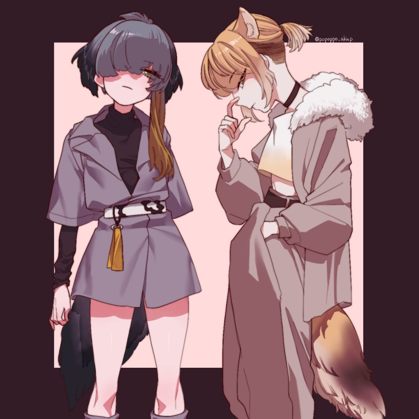 2girls ak_(a_k_i_tmb) alternate_costume alternate_hairstyle animal_ears arm_at_side asymmetrical_hair baggy_pants bangs bare_legs belt bird_tail black_hair brown_eyes brown_hair choker coat contemporary eyes_visible_through_hair feet_out_of_frame fox_ears fox_girl fox_tail fur-trimmed_hood fur_trim green_eyes grey_hair hair_over_one_eye half-closed_eye hand_in_pocket hand_up high-waist_pants highres hood hood_down hooded_jacket jacket kemono_friends light_brown_hair long_hair long_sleeves midriff multicolored_hair multiple_girls open_clothes open_jacket orange_hair pants pocket ponytail shirt shoebill_(kemono_friends) short_hair short_ponytail standing stomach tail tibetan_sand_fox_(kemono_friends) turtleneck two-tone_hair