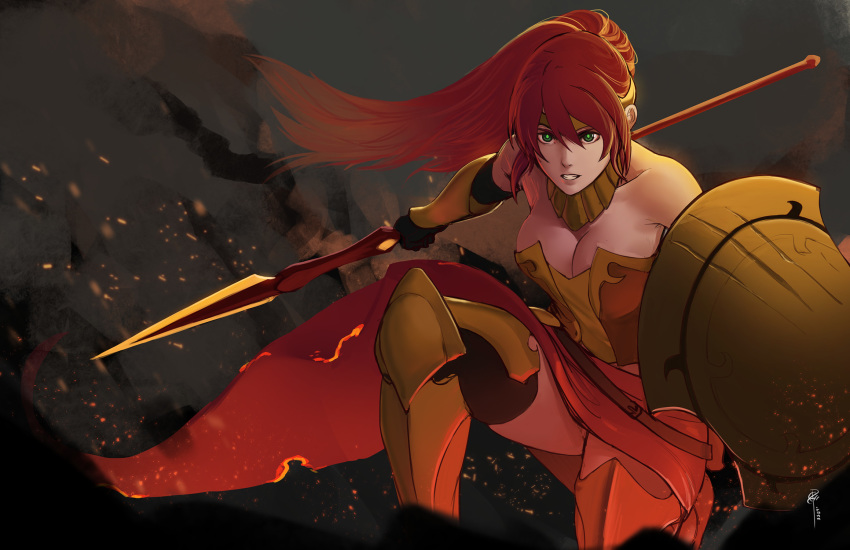 1girl armor breasts circlet cleavage corset embers green_eyes hair_between_eyes highres holding holding_weapon large_breasts less long_hair polearm ponytail pyrrha_nikos red_hair rwby shield skirt solo spear teeth thighhighs weapon