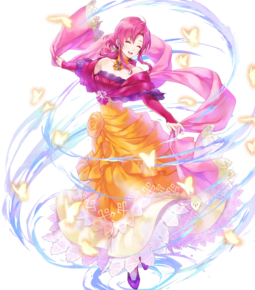 1girl ahoge bangs bare_shoulders blush bug butterfly closed_eyes detached_collar dress ethlyn_(fire_emblem) eyebrows_visible_through_hair fire_emblem fire_emblem:_genealogy_of_the_holy_war fire_emblem_heroes full_body highres holding insect kaya8 long_dress long_hair official_art open_mouth outstretched_arms pink_hair purple_footwear shiny shiny_hair sidelocks smile solo spread_arms strapless strapless_dress tied_hair transparent_background white_legwear