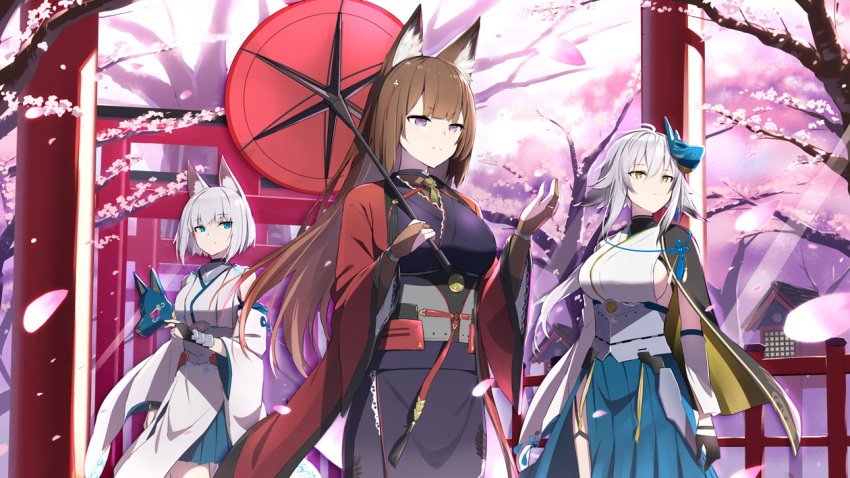 amagi_(azur_lane) animal_ears anthropomorphism aqua_eyes azur_lane brown_hair elbow_gloves foxgirl gloves gochou_(atemonai_heya) gray_hair japanese_clothes kaga_(azur_lane) kimono long_hair petals purple_eyes short_hair torii tosa_(azur_lane) tree umbrella white_hair yellow_eyes