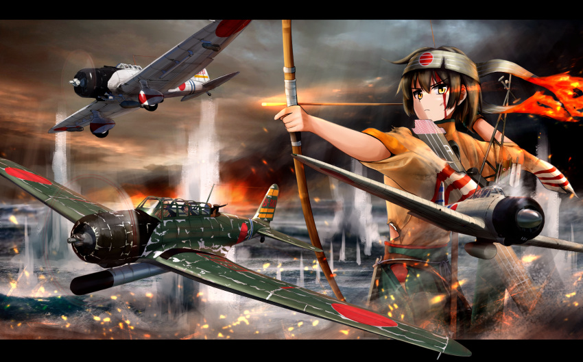 1girl a6m_zero aircraft airplane apron arrow_(projectile) b5n blood blood_on_face bow_(weapon) brown_eyes brown_gloves brown_hair d3a flight_deck gloves green_hakama hachimaki hakama headband highres hiryuu_(kantai_collection) holding holding_arrow holding_bow_(weapon) holding_weapon japanese_clothes kantai_collection kk90 military one_side_up partly_fingerless_gloves remodel_(kantai_collection) short_hair single_glove solo weapon wide_sleeves yugake