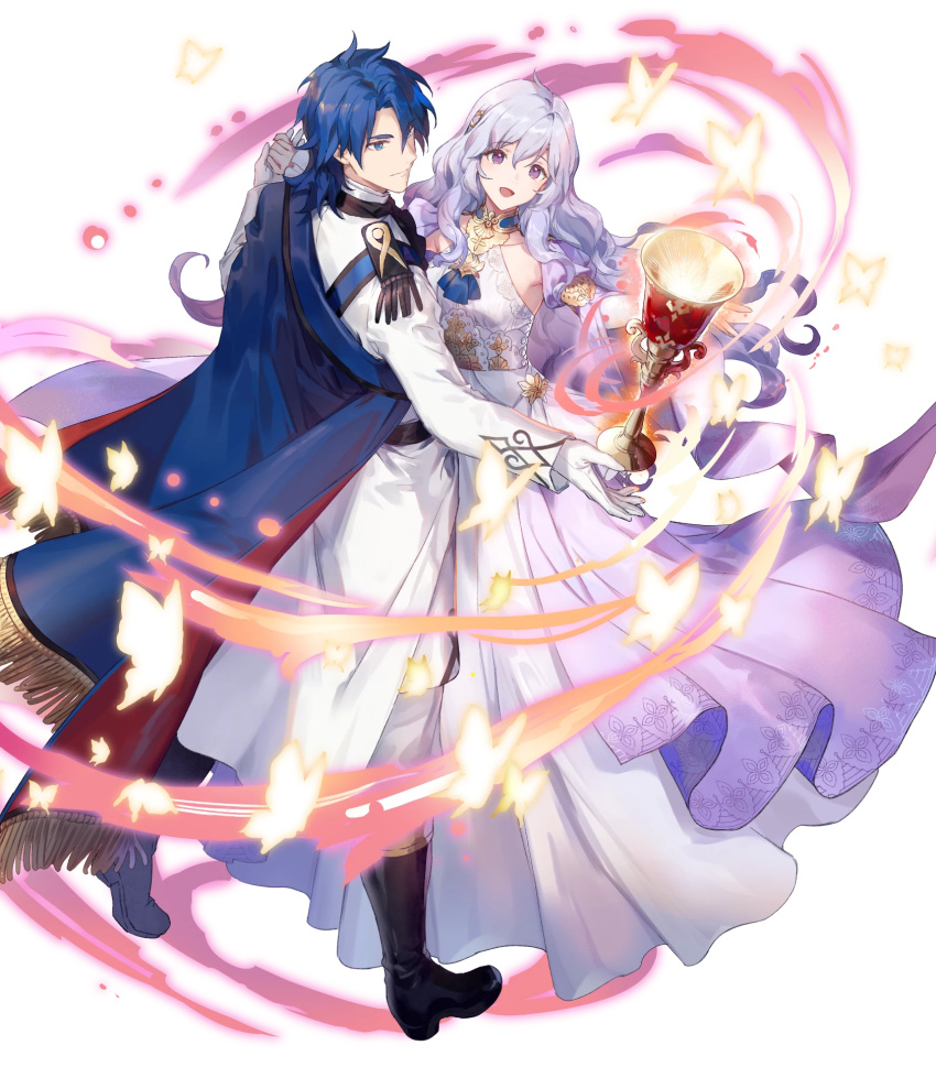 1boy 1girl azutarou bangs black_footwear blue_eyes blue_hair boots bug butterfly cape chalice closed_mouth deirdre_(fire_emblem) dress fire_emblem fire_emblem:_genealogy_of_the_holy_war fire_emblem_heroes floating floating_object full_body gloves glowing highres holding_hand insect knee_boots lavender_hair long_dress long_hair long_sleeves looking_away official_art open_mouth pants purple_eyes shiny shiny_hair short_hair sigurd_(fire_emblem) smile transparent_background white_dress white_gloves