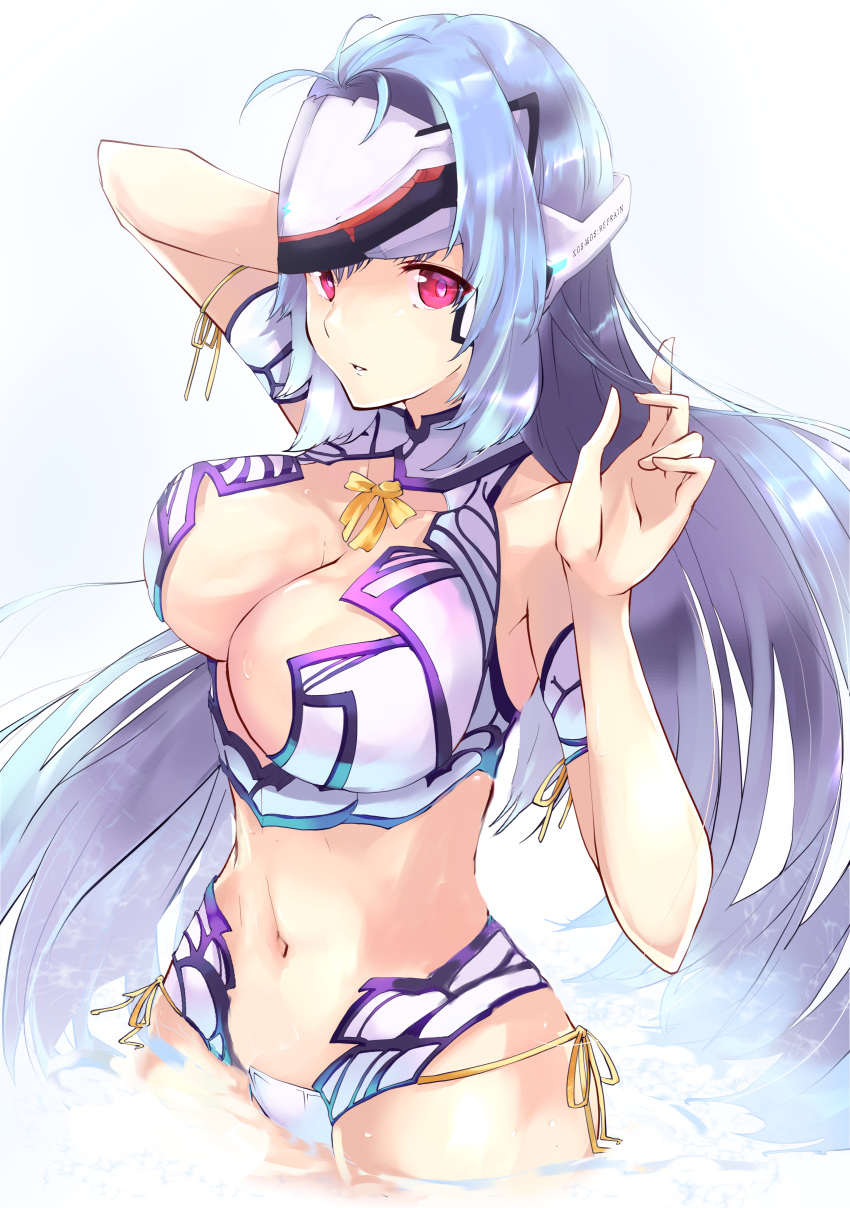 1girl absurdres bikini blue_hair breasts center_opening cleavage cowboy_shot forehead_protector highres kos-mos large_breasts long_hair navel red_eyes risumi_(taka-fallcherryblossom) solo swimsuit very_long_hair water white_background white_bikini xenoblade_chronicles_(series) xenoblade_chronicles_2 xenosaga