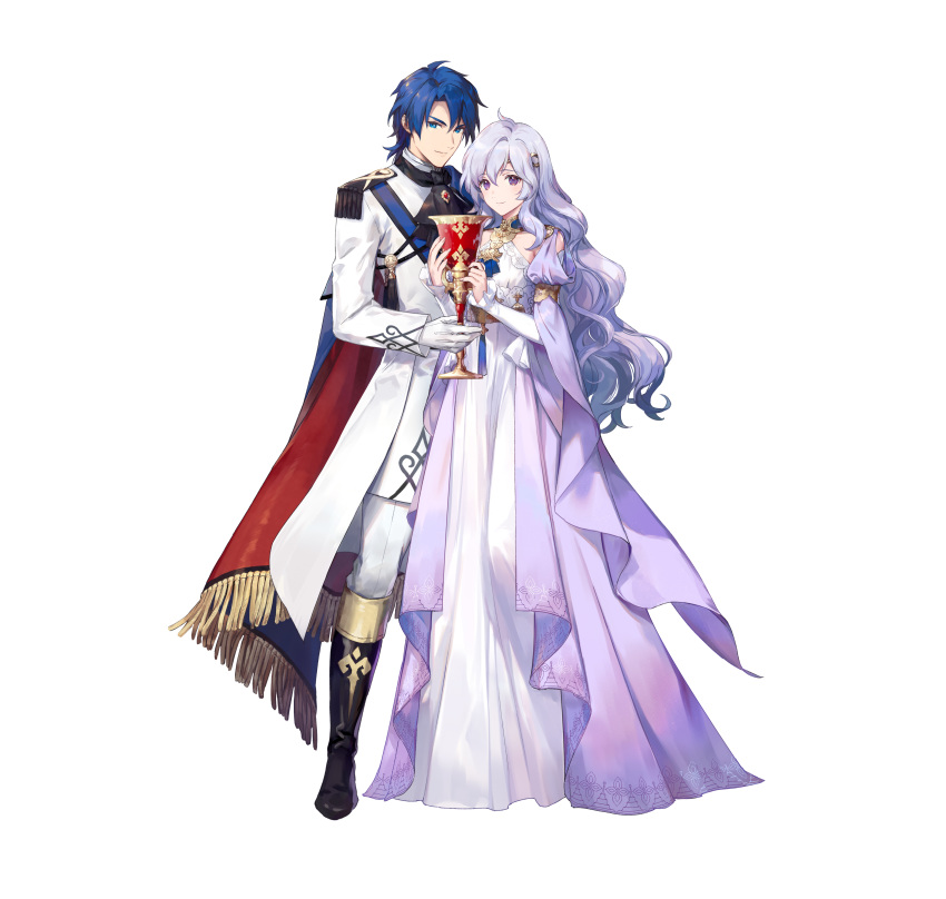 1boy 1girl absurdres azutarou bangs black_footwear blue_eyes blue_hair boots cape chalice closed_mouth commentary_request deirdre_(fire_emblem) dress fire_emblem fire_emblem:_genealogy_of_the_holy_war fire_emblem_heroes full_body gloves gradient gradient_clothes gradient_dress highres holding knee_boots lavender_hair long_dress long_hair long_sleeves looking_at_viewer official_art pants purple_eyes shiny shiny_hair short_hair sigurd_(fire_emblem) smile standing white_background white_dress white_gloves white_pants