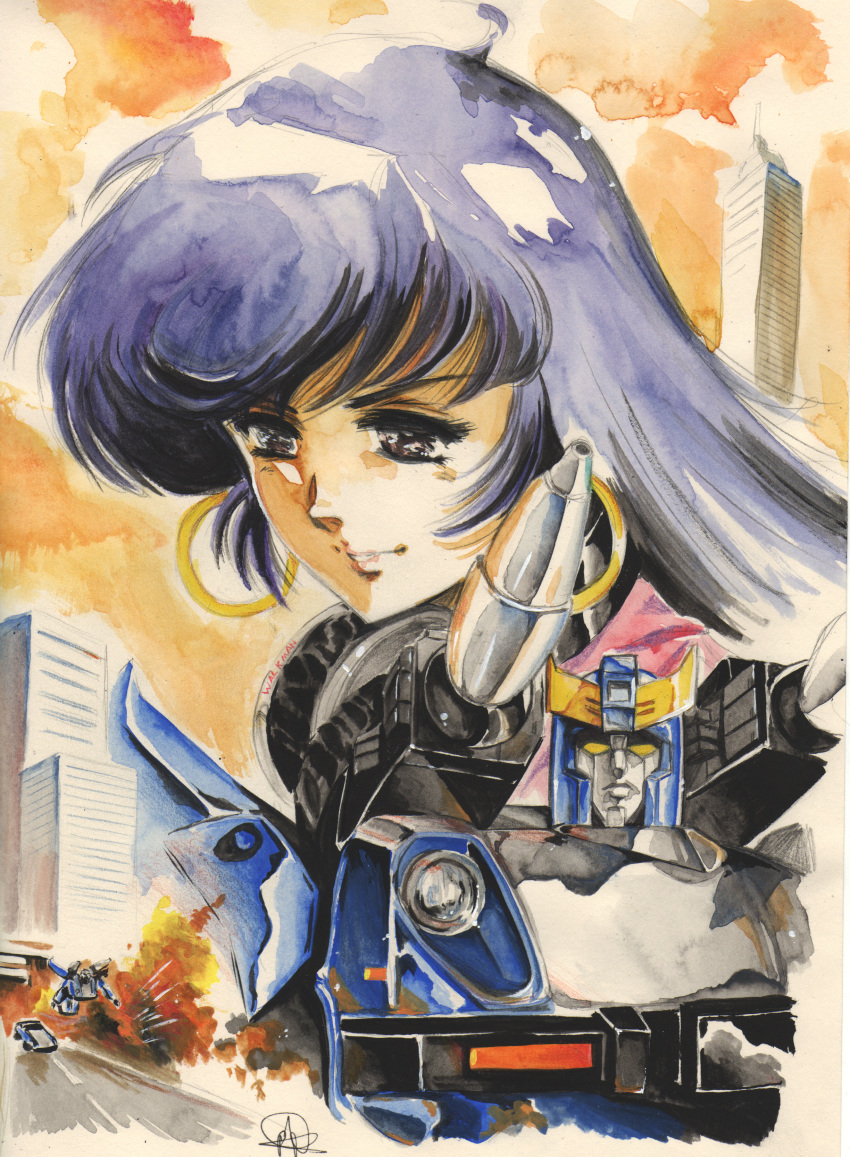 1980s_(style) 1boy 1girl absurdres blue_hair bluestreak_(transformers) commentary earrings english_commentary explosion highres hinomars19 hoop_earrings huge_filesize jewelry looking_down mecha multiple_persona oldschool parody shoulder_cannon style_parody the_transformers_(idw) transformation transformers