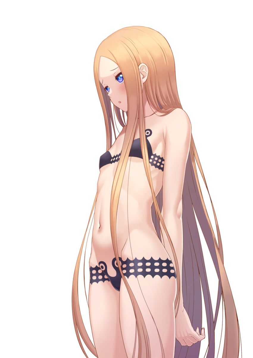 1girl abigail_williams_(fate/grand_order) abigail_williams_(swimsuit_foreigner)_(fate) absurdres bangs bare_shoulders bikini black_bikini blonde_hair blue_eyes blush breasts collarbone fate/grand_order fate_(series) forehead highres kido_airaku long_hair navel open_mouth parted_bangs simple_background swimsuit thighs very_long_hair white_background