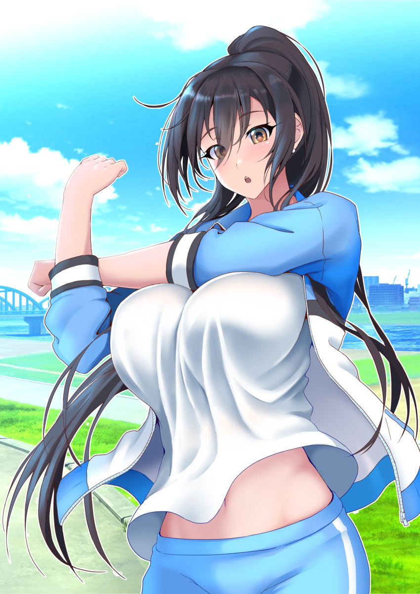 1girl bangs black_hair blue_sky blush breasts cowboy_shot day diagonal_bangs earrings eyes_visible_through_hair gym_shirt hair_between_eyes high_ponytail highres idolmaster idolmaster_shiny_colors jacket jewelry large_breasts long_hair looking_at_viewer moo_yoshio outdoors pants parted_lips shirase_sakuya shirt sky solo stretch track_jacket track_pants yellow_eyes