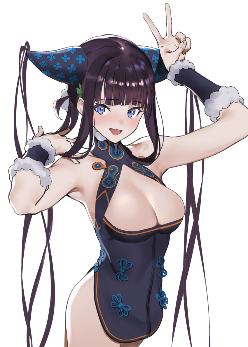 1girl absurdres bangs bare_shoulders black_dress blue_eyes blunt_bangs blush breasts china_dress chinese_clothes cleavage detached_sleeves dress fate/grand_order fate_(series) hair_ornament highres jikatarou large_breasts leaf_hair_ornament long_hair looking_at_viewer open_mouth purple_hair short_dress side_slit sidelocks simple_background smile twintails very_long_hair white_background yang_guifei_(fate/grand_order)