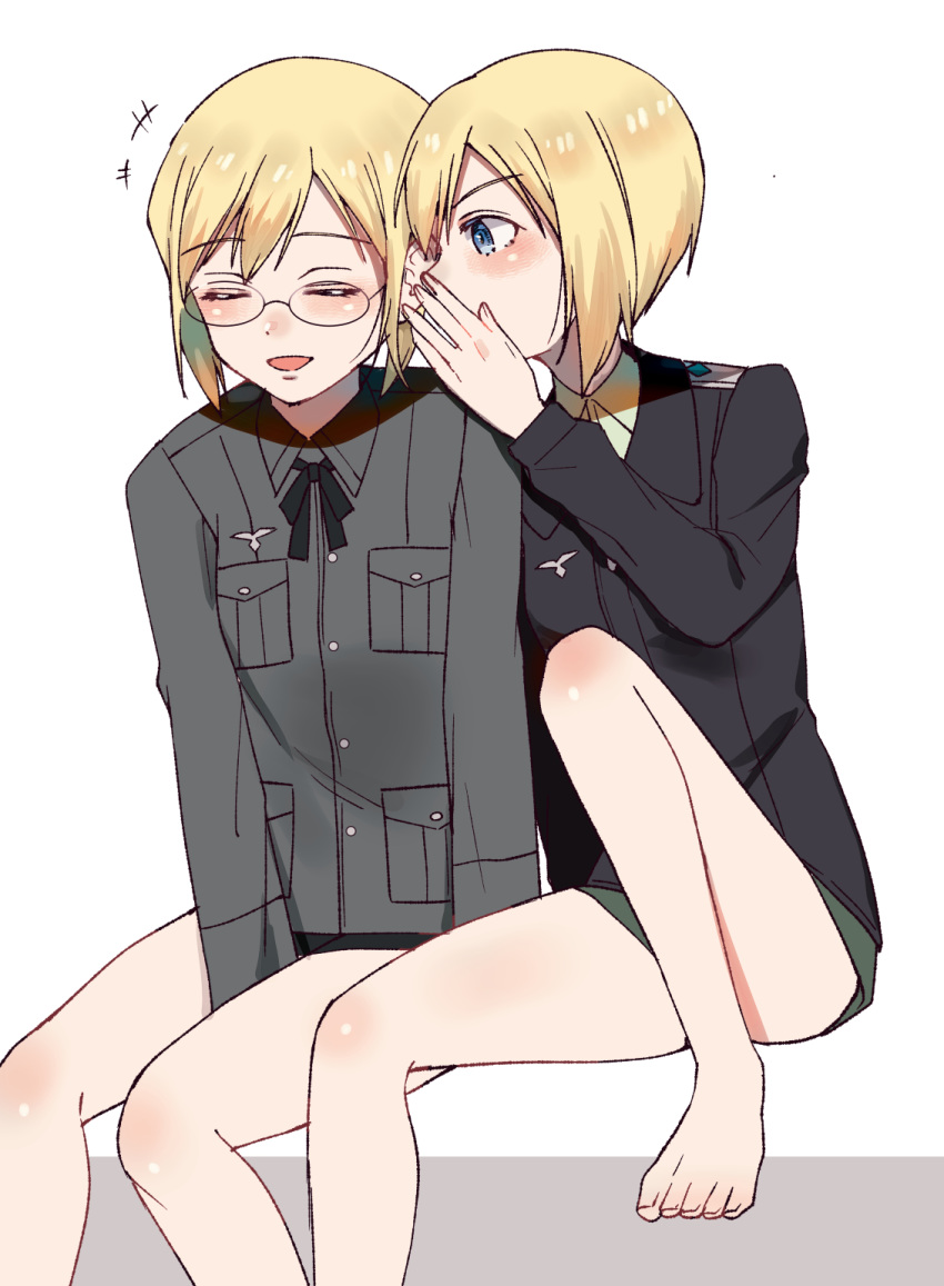 2girls bare_legs between_legs blonde_hair blue_eyes blush closed_eyes commentary covering_mouth erica_hartmann glasses hand_between_legs highres jacket leg_up military military_uniform multiple_girls open_mouth sayama_(chiwan0830) short_hair siblings sisters sitting smile strike_witches symbol_commentary uniform ursula_hartmann whispering white_background world_witches_series
