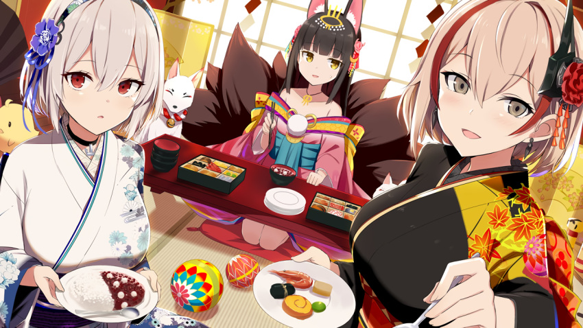 animal animal_ears anthropomorphism azur_lane blonde_hair brown_eyes brown_hair food fox foxgirl gochou_(atemonai_heya) japanese_clothes long_hair manjuu_(azur_lane) multiple_tails nagato_(azur_lane) red_eyes roon_(azur_lane) short_hair sirius_(azur_lane) tail white_hair yellow_eyes yukata