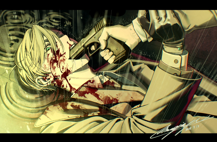 2boys barbell_piercing blonde_hair blood blood_on_clothes blood_on_face blood_on_neck coat collared_shirt commentary_request dated ear_piercing finger_on_trigger gloves green_eyes gun gun_in_mouth hair_between_eyes hand_on_another's_wrist handgun highres lapels letterboxed male_focus mugi_oyasumi multiple_boys necktie original piercing rain ripples shirt signature solo_focus water weapon wet