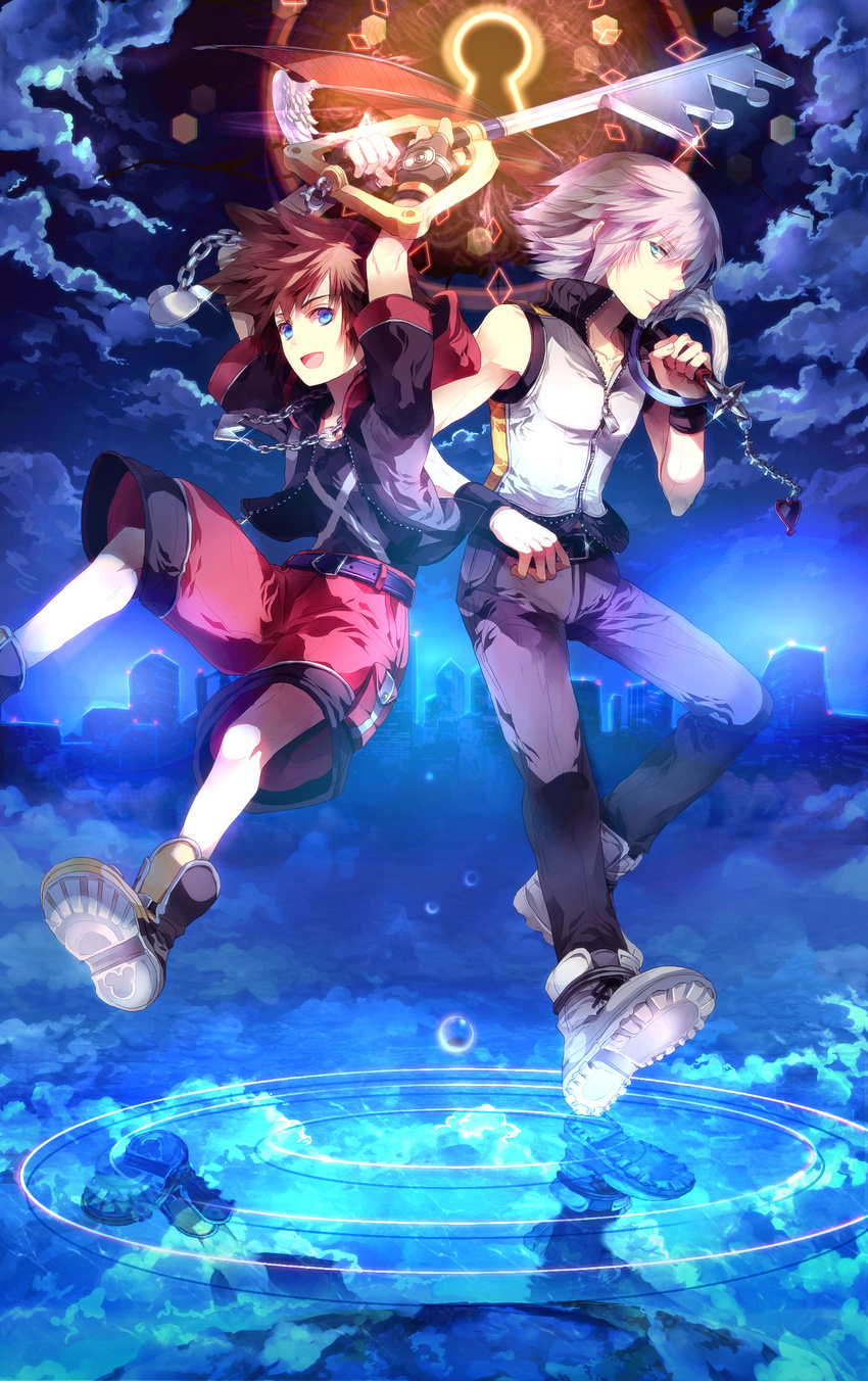 arms_up blue_eyes brown_hair cloud fingerless_gloves gloves highres hood hoodie instrument jewelry keyblade keyhole kingdom_hearts kingdom_hearts_3d_dream_drop_distance male_focus multiple_boys necklace open_mouth reflection riku shirt shorts silver_hair sky sleeveless sleeveless_shirt sora_(kingdom_hearts) sunakumo water_drop wristband