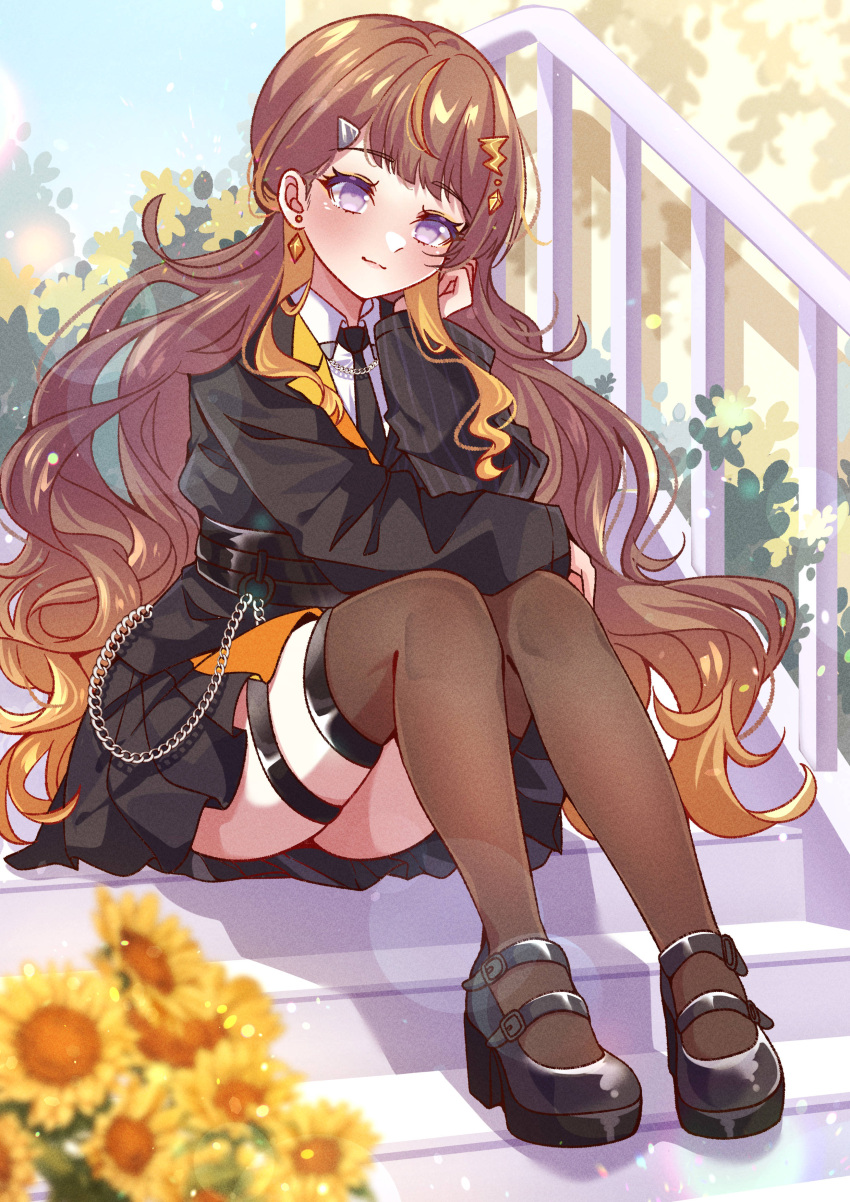 1girl absurdres anya_melfissa black_jacket black_necktie black_shoes black_skirt blonde_hair blonde_streaks blurry blurry_foreground brown_hair chain closed_mouth collared_shirt commentary_request contrast_lapels cyanzan earrings flower full_body gradient_hair highres hololive hololive_indonesia jacket jewelry kris_hair_ornament lapels lens_flare light_smile long_hair long_sleeves mary_janes multicolored_hair necktie outdoors over-kneehighs purple_eyes shirt shoes sitting sitting_on_stairs skirt solo stairs streaked_hair sunflower swept_bangs thighhighs two-tone_hair virtual_youtuber wavy_hair white_shirt