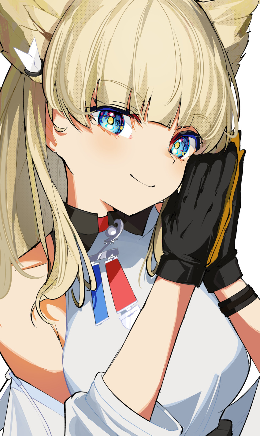 absurdres animal_ears arknights arknights:_endfield ben-day_dots bird_ears black_gloves blonde_hair blue_eyes blunt_bangs bracelet chattdraws closed_mouth collared_dress commentary dress english_commentary gloves hair_ornament highres jacket jacket_partially_removed jewelry light_blush looking_at_viewer multicolored_eyes off_shoulder own_hands_together perlica_(arknights) screentones sidelocks simple_background sleeveless sleeveless_dress smile three-quarter_sleeves two-tone_eyes white_background white_dress white_jacket yellow_eyes