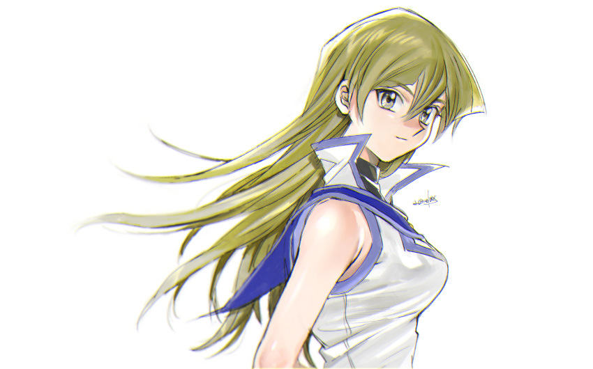 1girl 203wolves bangs black_shirt blonde_hair breasts closed_mouth duel_academy_uniform_(yuu-gi-ou_gx) floating_hair hair_between_eyes highres jacket long_hair medium_breasts shirt signature simple_background sleeveless sleeveless_jacket sleeveless_shirt solo straight_hair tenjouin_asuka turtleneck upper_body very_long_hair white_background white_jacket yellow_eyes yuu-gi-ou yuu-gi-ou_gx