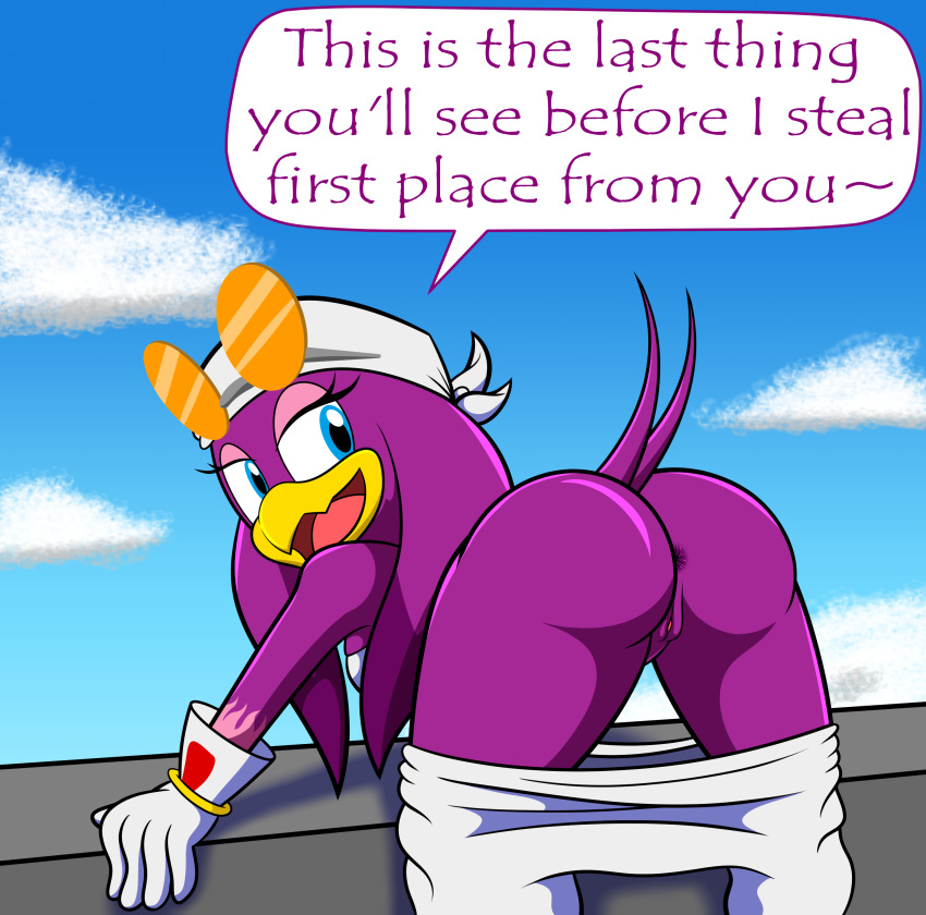 absurd_res anthro anus ass_shot avian bird butt english_text female genitals hi_res hirundinid marcodile oscine passerine presenting presenting_hindquarters pussy sega solo sonic_riders sonic_the_hedgehog_(series) swallow_(bird) text video_games wave_the_swallow