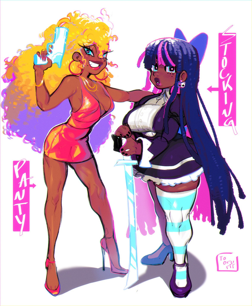 2girls alternate_skin_color big_hair blonde_hair blue_eyes bow breasts colored_inner_hair dark_skin dress earrings grin gun hair_bow hairlocs handgun high_heels highres hoop_earrings jewelry katana large_breasts lips lolita_fashion long_hair multicolored_hair multiple_girls nail_polish no_bra panty_&amp;_stocking_with_garterbelt panty_(psg) pistol short_dress single_thighhigh smile stocking_(psg) striped striped_legwear sword thick_thighs thighhighs thighs torurii two-tone_hair very_long_hair weapon