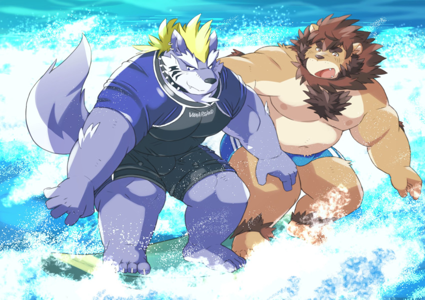 2020 anthro ayame42612 barazoku belly brown_body brown_fur canid canine canis clothing duo felid fenrir_(housamo) fur hi_res kemono lion male mammal moobs nipples overweight overweight_male pantherine shirt surfboard surfing swimwear tokyo_afterschool_summoners topwear vehicle video_games water watercraft wolf