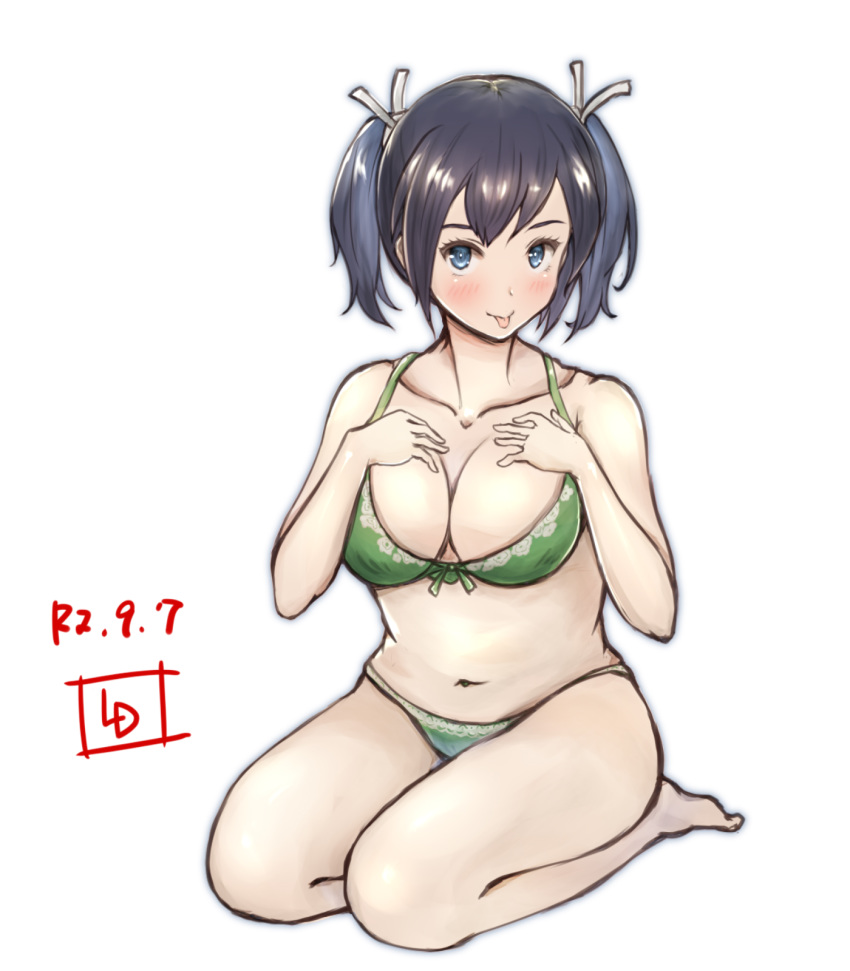 1girl artist_logo blue_eyes blue_hair bra breasts cleavage collarbone commentary_request dated green_bra green_panties highres kantai_collection large_breasts ld looking_at_viewer navel panties seiza short_hair simple_background sitting solo souryuu_(kantai_collection) tongue tongue_out twintails underwear white_background