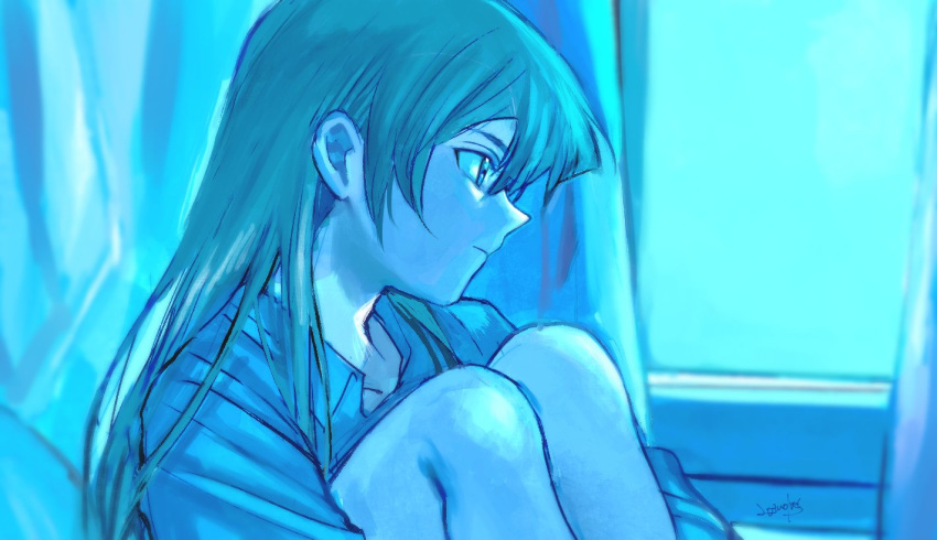 1girl 203wolves bangs blue_shirt blue_theme brown_hair closed_mouth collarbone collared_shirt hair_between_eyes leg_hug limited_palette long_hair naked_shirt profile shirt signature sitting solo straight_hair tenjouin_asuka wing_collar yuu-gi-ou yuu-gi-ou_gx