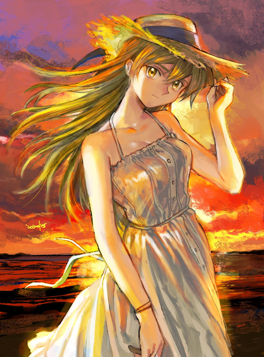 1girl 203wolves absurdres bangs beach blonde_hair blue_ribbon bracelet breasts closed_mouth cloud cloudy_sky collarbone dress dusk floating_hair hair_between_eyes halterneck hat hat_ribbon highres jewelry long_hair looking_at_viewer medium_breasts ocean outdoors ribbon shiny shiny_hair shore signature sky sleeveless sleeveless_dress solo standing straw_hat sun_hat sundress tenjouin_asuka very_long_hair white_dress yellow_eyes yellow_headwear yuu-gi-ou yuu-gi-ou_gx