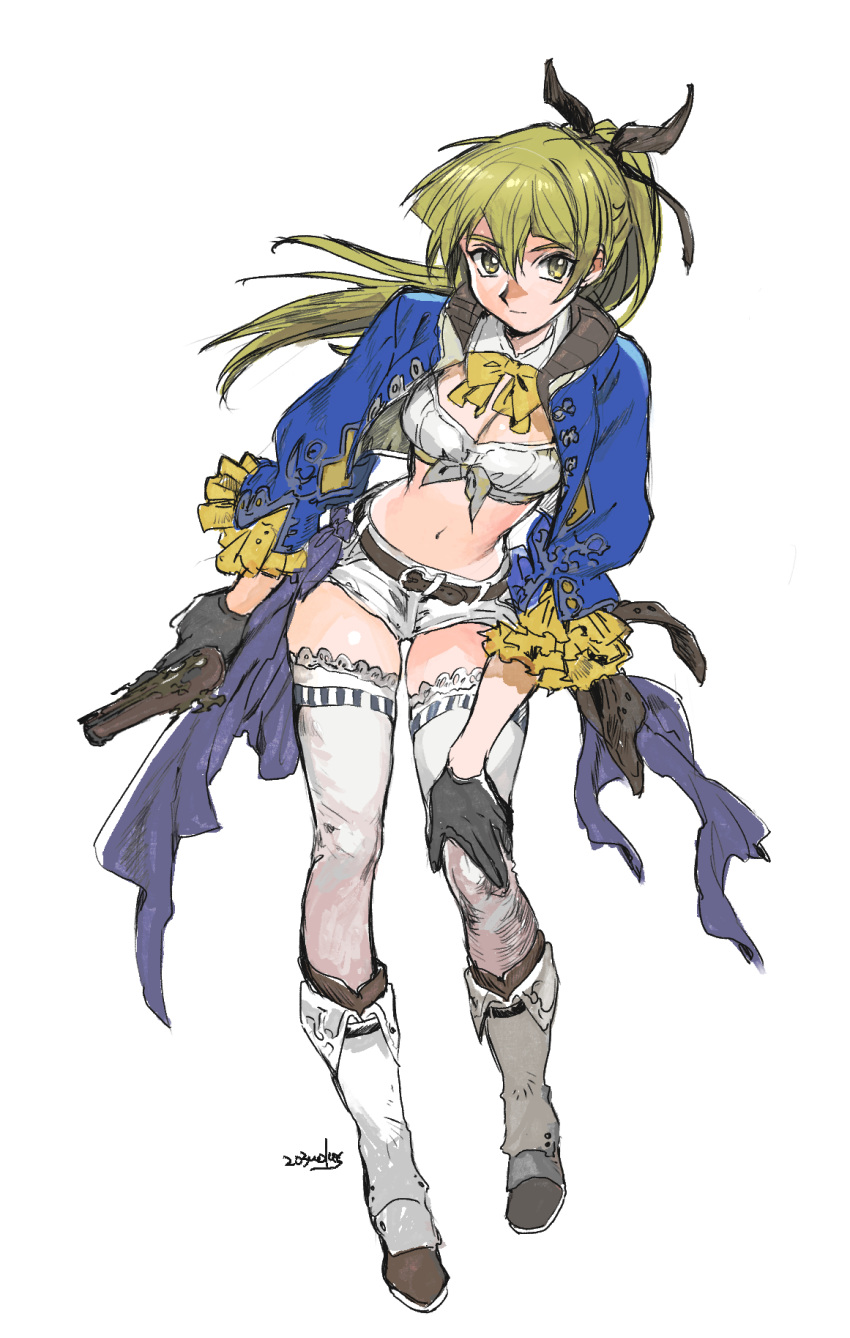 1girl 203wolves alternate_costume bangs belt belt_buckle black_belt black_bow black_gloves blonde_hair boots bow bra breasts buckle cleavage closed_mouth detached_collar floating_hair full_body gloves gun hair_between_eyes hair_bow hand_on_own_knee handgun highres holding holding_gun holding_weapon knee_boots leaning_forward long_hair looking_at_viewer medium_breasts midriff navel ponytail shiny shiny_hair short_shorts shorts signature simple_background sketch solo stomach tenjouin_asuka thighhighs underwear very_long_hair weapon white_background white_bra white_footwear white_legwear white_shorts yellow_eyes yellow_neckwear yuu-gi-ou yuu-gi-ou_gx zettai_ryouiki