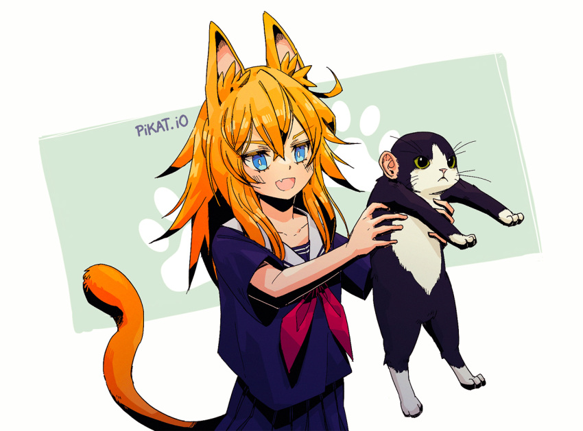 1girl :d animal animal_ears blue_eyes cat cat_ears cat_tail fang holding holding_animal holding_cat human_ears open_mouth orange_hair original pikat school_uniform serafuku skin_fang smile tail white_background